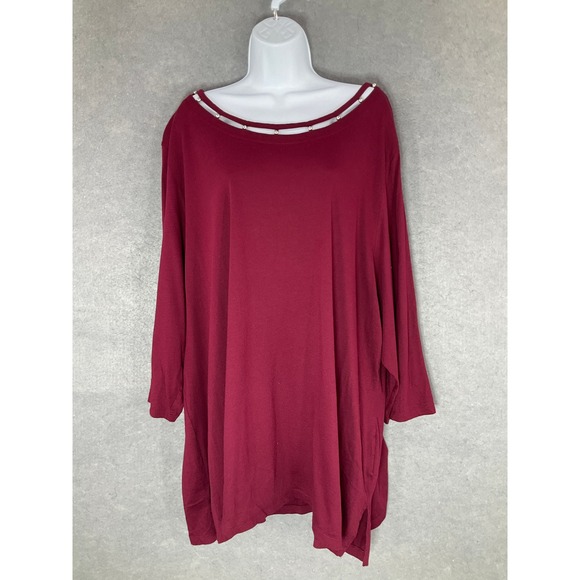 Karen‎ Scott Tunic Top Blouse 3/4 Sleeve Maroon Boat Neck Elegant Plus Size 4X - Picture 1 of 11